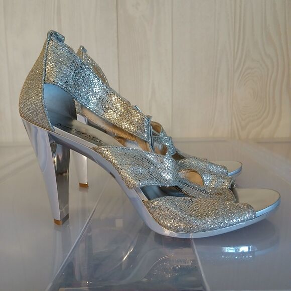 Michael Kors Size 9M Berkley T-Strap Silver Gold Glitter Zip Peep Toe Heels READ - Picture 1 of 16